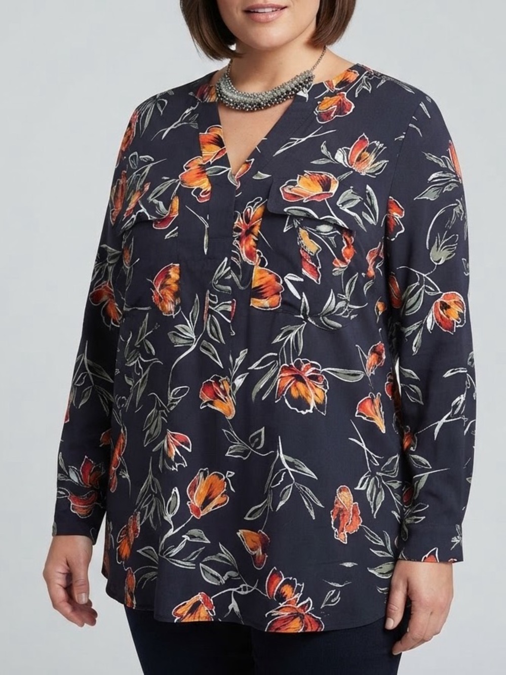PENNINGTONS Dark Grey Floral Button Front Shirt with Orange Bloom Print size X
